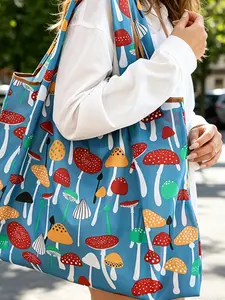 Blue Mushroom Print Reusable Tote Bag, Large Capacity Lightweight Waterproof Grocery Bag, Eco-Friendly Polyester Shoulder Bag with Cute Mushroom Pattern, Ideal for Shopping, Travel, Beach & Daily Use