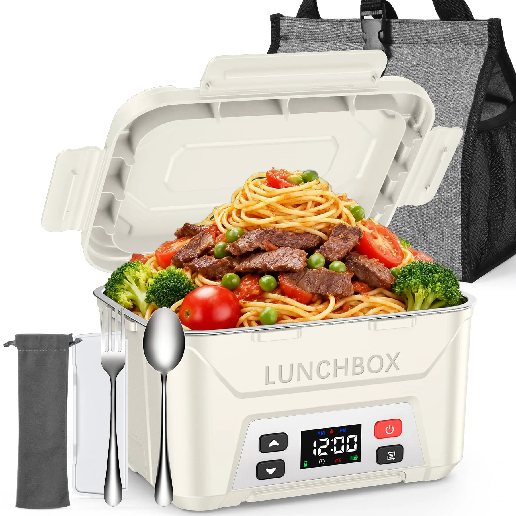 Docusvect Battery Powered Heated Lunch Box with Memory Function & Auto Keep Warm, 5.5 Cups Cordless Electric Lunch Box Food Heater, Rechargeable Portable Food Warmer Container for Office, Construction, Outdoors, White