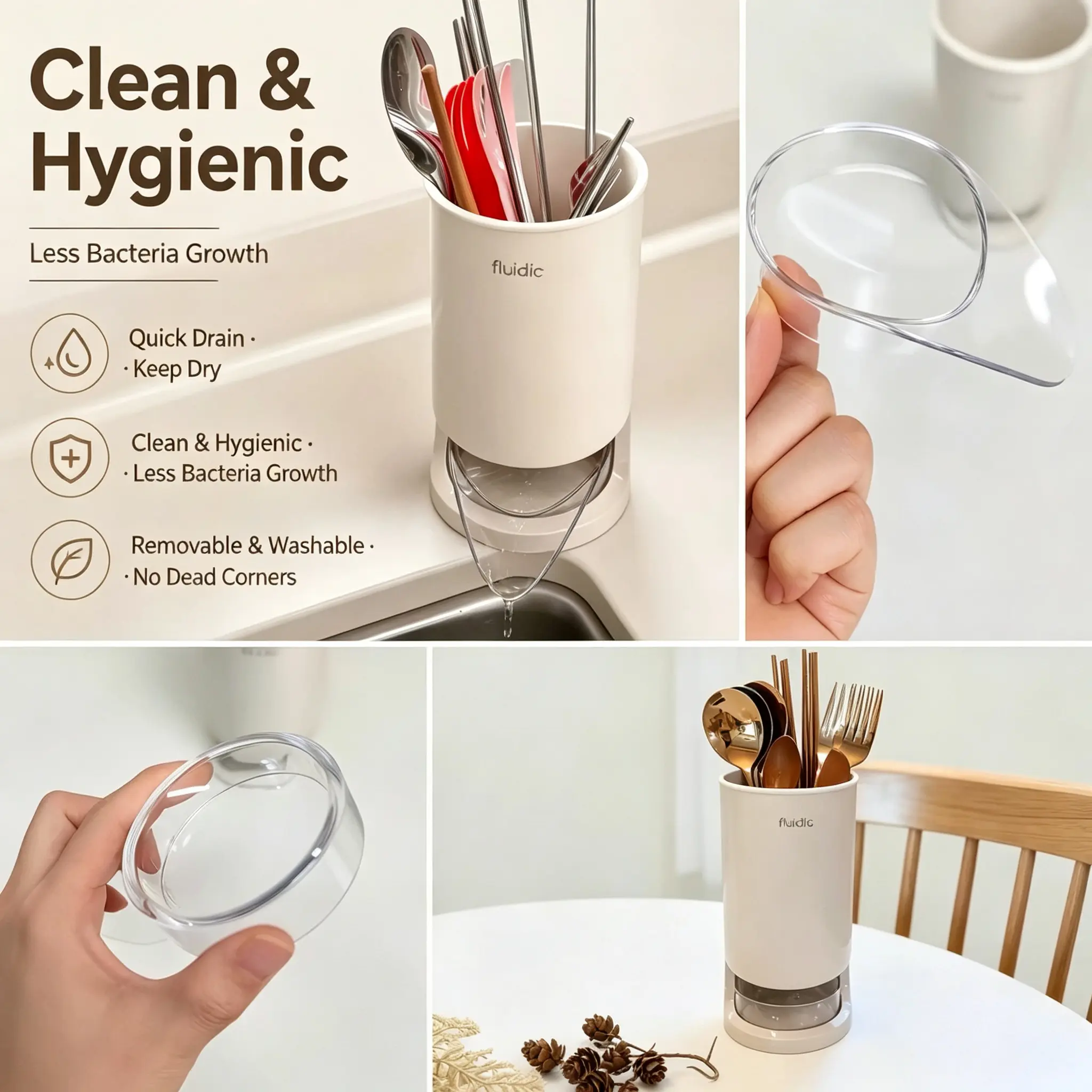 Kitchen Countertop Utensil Holder - No-Mess Chopstick Caddy with Detachable Drainage Tray, Cutlery Organizer for Spoons, Forks, Knives, Tableware Drying Solution