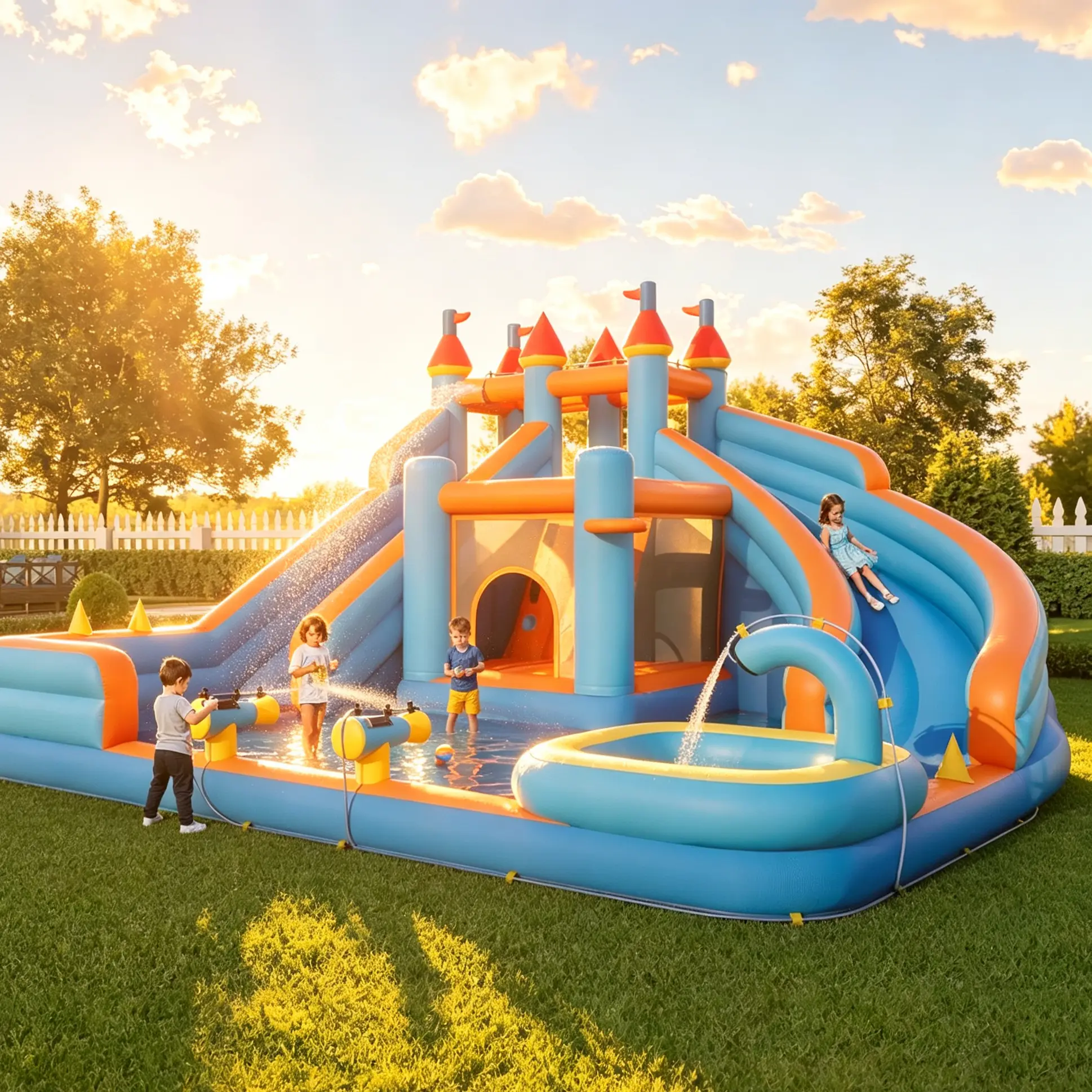 Inflatable Bounce House, Water Slide with Jumping Area, Climbing Wall and Splash Pool, Indoor Outdoor Jumper for Big Children, Air Blower Included,Mother's Day Gifts