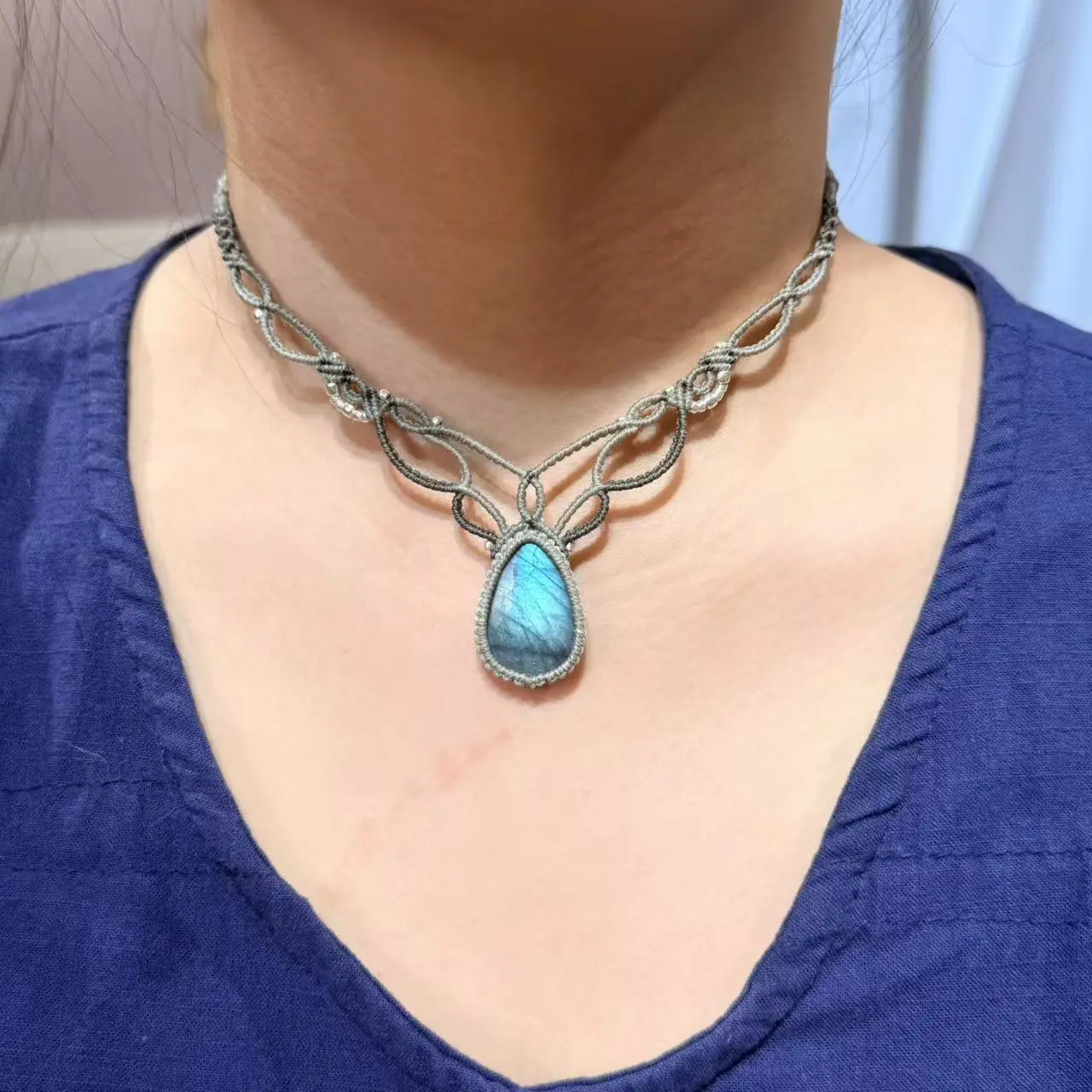Labradorite Macrame Craft Necklace, Handcrafted Boho Ethnic Minimalist Jewelry, Stone of Magic, Made-to-Order Unique Gift