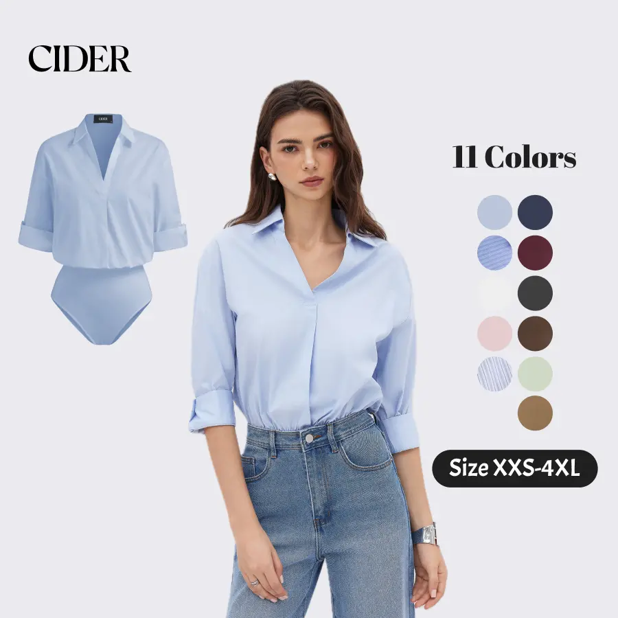 Cider Women's Collared 3/4 Roll-up Sleeve Fitted Basic Bodysuit - Polyamide-Elastane Knit Casual Top