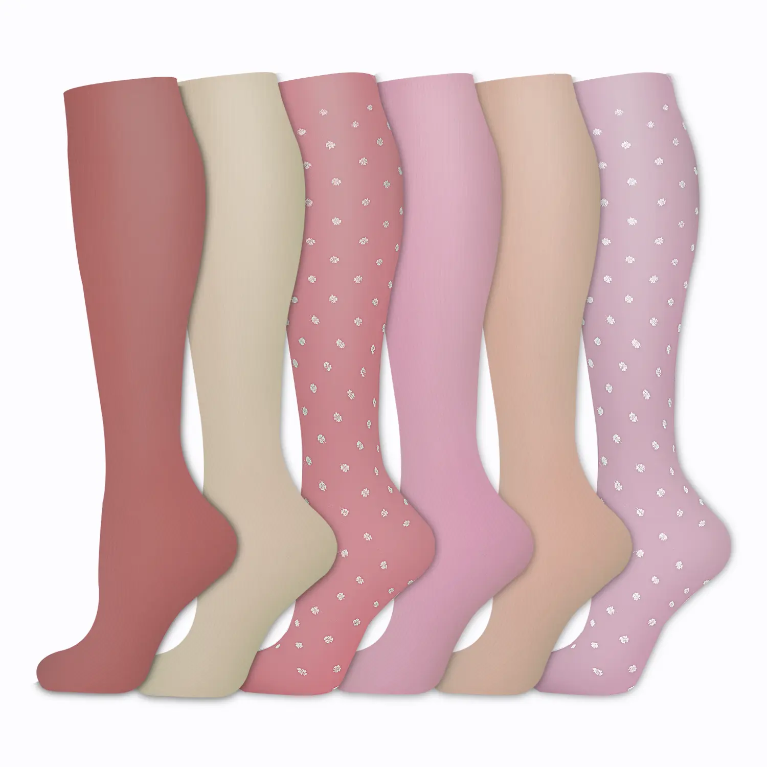 MhzyCaus 6 Pairs Over-the-Knee Compression Socks Pink Cream Mauve with Polka Dots Nylon Blend Moisture Wicking Breathable Day Lightweight Pastel Women's Wear Festival Party Cozy Socks Pattern Compression Knee-High Socks Casual Athletic socks for women Leg