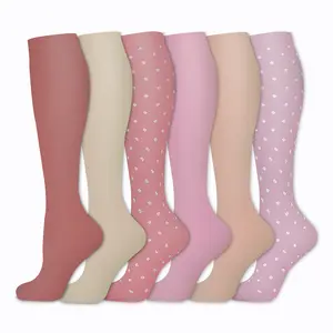 MhzyCaus 6 Pairs Over-the-Knee Compression Socks Pink Cream Mauve with Polka Dots Nylon Blend Moisture Wicking Breathable Day Lightweight Pastel Women's Wear Festival Party Cozy Socks Pattern Compression Knee-High Socks Casual Athletic socks for women