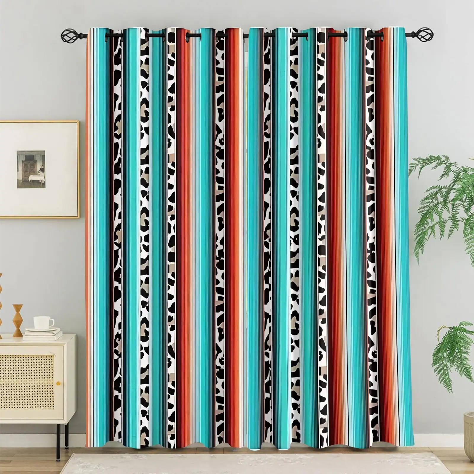 2Pcs Vibrant Turquoise Teal and Burnt Orange Vertical Striped Curtains, Trendy Leopard Print Design, Eye-Catching Earthy Color Palette, Easy to Clean and Install, Perfect Modern Window Treatments for Living Room, Bedroom, and Dining Area