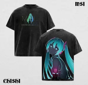 Hatsune Miku Anime Washed Tee, Vocaloid Miku Graphic Shirt, Vintage Acid Wash Streetwear, Oversized Heavy Cotton Double-Sided Print, Unisex Otaku Gift for Anime Fans