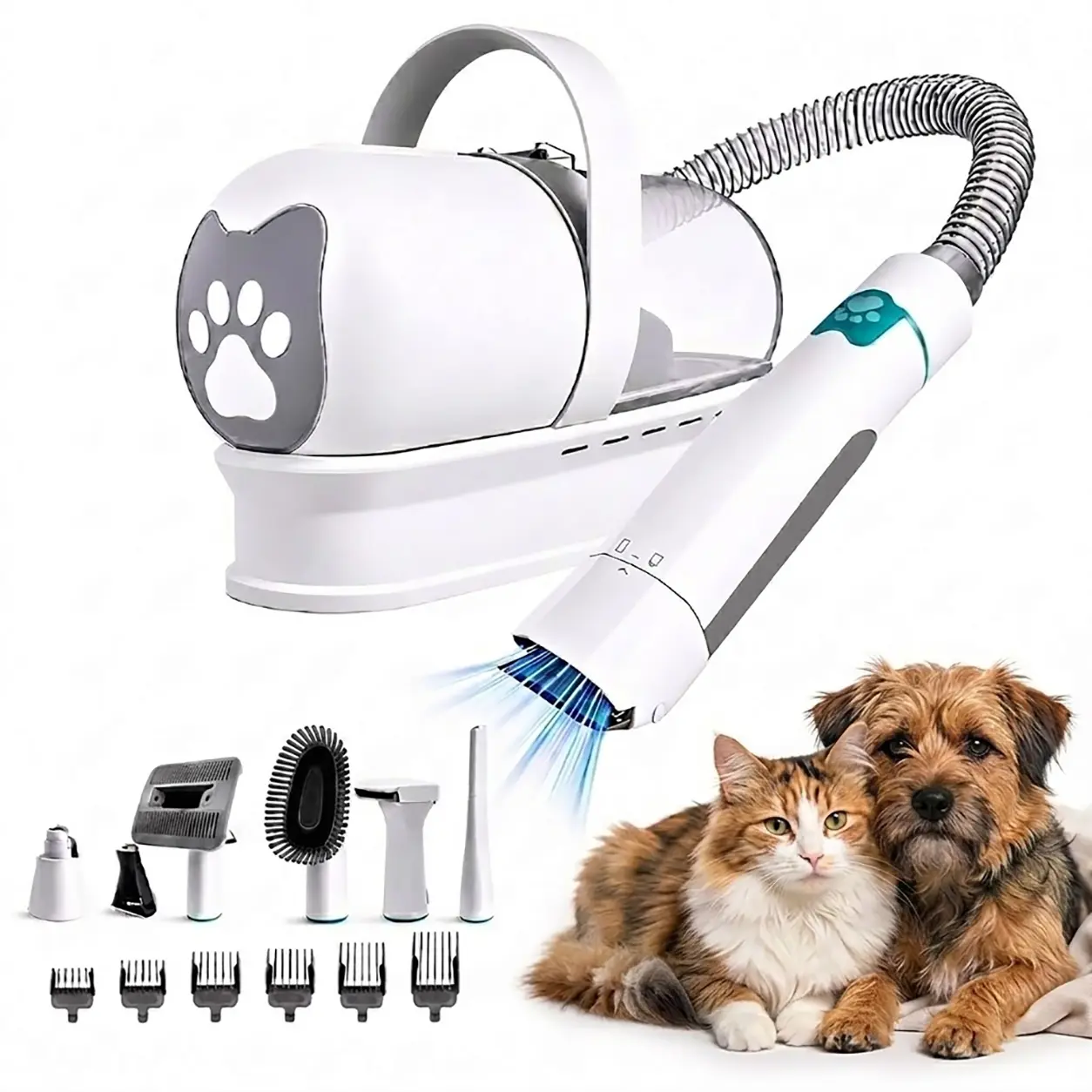 Pet Vacuum Brush for Dog Shedding & Trimming, 7-in-1 Hair Clipper Set for Cats & Dogs with Paw Care Tool, Nail Polisher & 6 Combs