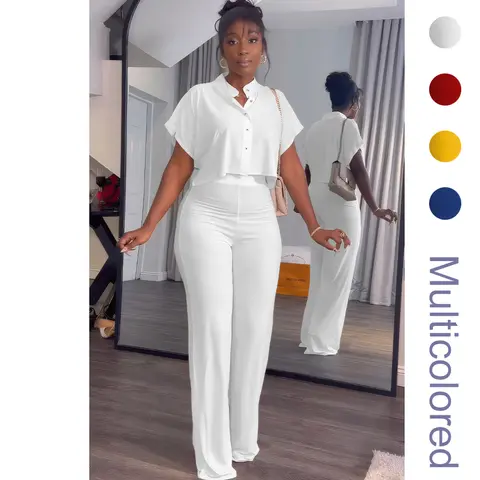 Women's Summer 2 Piece Outfits Casual Tracksuit Short Sleeve Button Down Crop Top Wide Leg Long Pant Lounge Sets