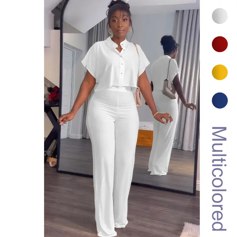 Women's Summer 2 Piece Outfits Casual Tracksuit Short Sleeve Button Down Crop Top Wide Leg Long Pant Lounge Sets