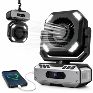 8000mAh Rechargeable Camping Fan with LED Light, 5-Speed Auto Oscillating Tent Fan, Portable Outdoor Fan with Hanging Hook & USB Power Bank, 3 Light Modes for Camping, Picnic, Power Outage