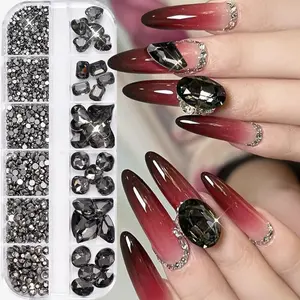 12Grid/box 3D Black Big Nail Diamond Muitl-Shapes Glass Nail Rhinestone Glitter Star Square Heart Crystal Nail Charms