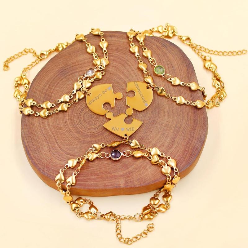 Uloveido Personalized 3 Pieces BFF Heart Puzzle Bracelets with 3 Gift Boxes – Custom Name Stainless Steel Matching Friendship Bracelets for 3 Best Friends