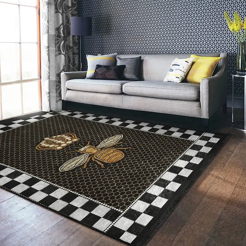 Bee Area Rug Black Honeycomb Runner Checkboard Non Slip Carpet Crown Floor Art White Machine Washable Carpet Checkers Fringed Mat