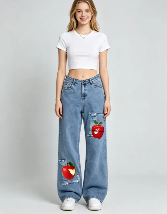 Vintage Red Apple LOVE Patch Wide Leg Jeans, DGT Direct To Garment Print, Unisex Y2K Baggy Flare Denim
