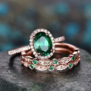 3Pcs Set Oval Green Zirconia Rings Female Luxury Detachable Wear Lady Jewelry Gorgeous Finger Accessories for Anniversary