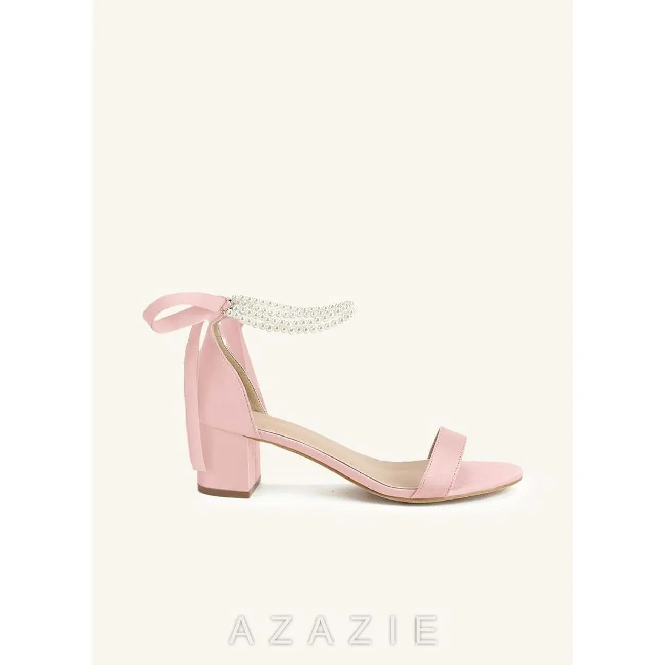 Matching Color Matte Satin Pearl and Bow Open Toe Chunky Heel Sandals