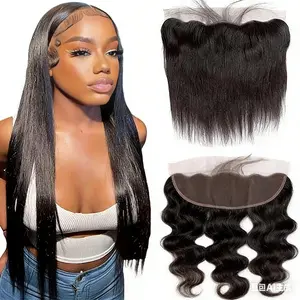 MISS ROLA 13x4 Ultra Transparent Lace Frontal Hair Extension Unprocessed Human Hair Natural Straight/ Body Wave Pre Plucked Natural Hairline Free Part 100% Veitnamese Virgin Human 150% Density Natural Black 16 Inch