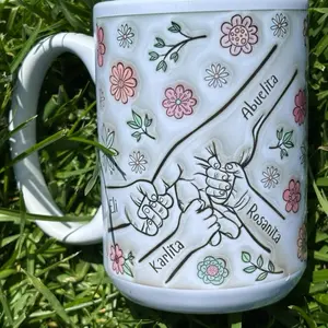 Holding Moms Hand Mug - Floral and Geometric Design, Ideal for Drinkware, White Color, Handed Handle
