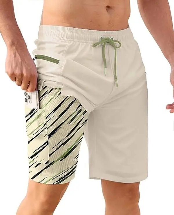 APTRO Male 9-in Polyester Swim Shorts - 2-in-1 Above Knee Design, Colorful Horizontal Zipper Pockets, Quick-Dry Breathable Fabric, Built-in Contrast-Color Liner, UV Protection, Ideal for Beach Sports, Zippered Pockets
