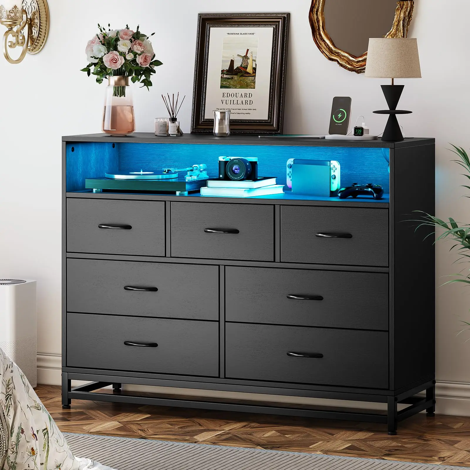 【GARVEE】Modern 7-Drawer Wooden Dresser with Charging Station and LED Lights, Large Capacity Storage, Ideal for Bedroom, Living Room, Hallway, Available in Black and Pink