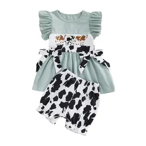 Toddler Baby Girls Western Outfit Cute Cow Print Flying Sleeve Tops with Shorts 2Pcs Summer Set