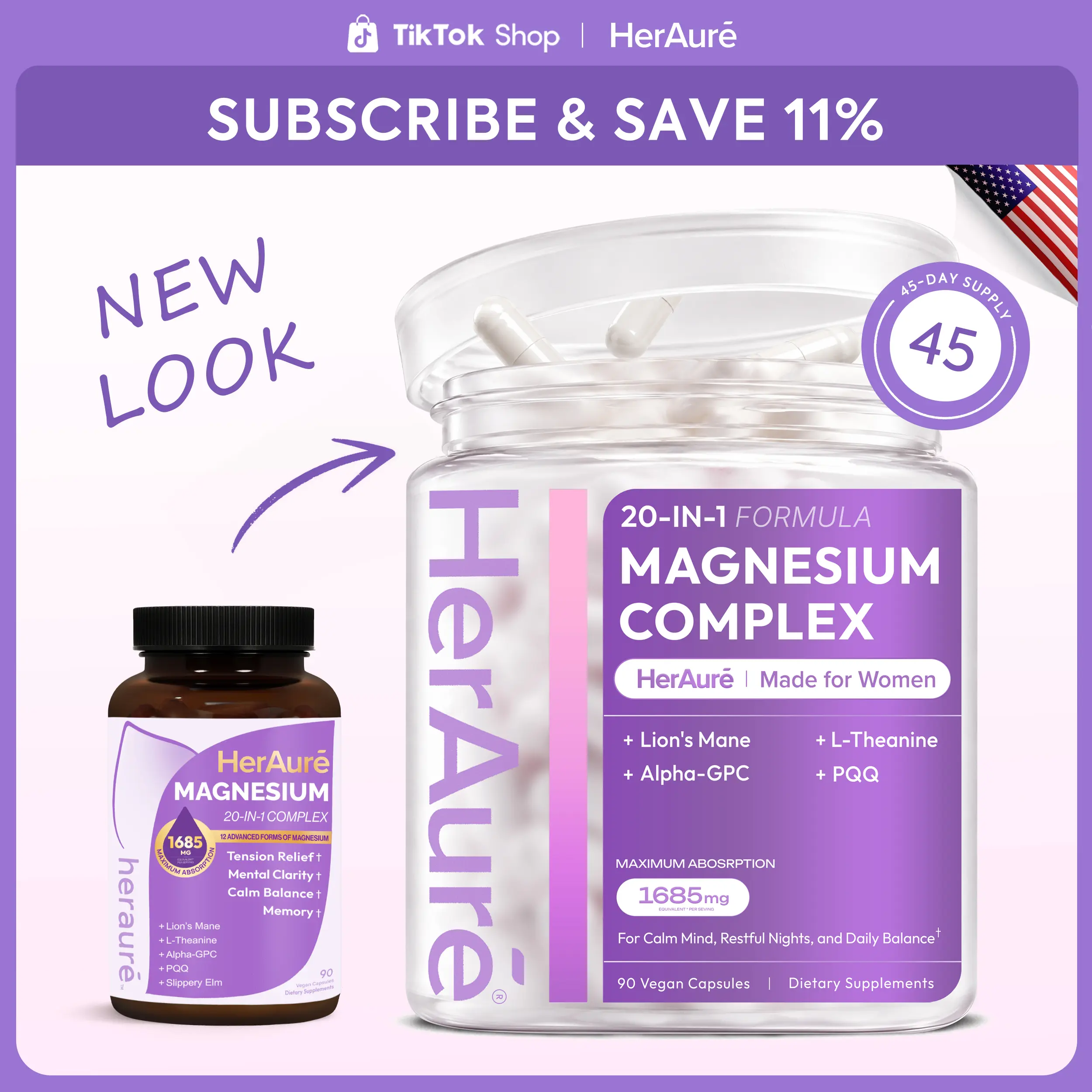 HerAuré 20-in-1 Magnesium Complex 1685mg - Brain Fog Relief, Reduce Overthinking & Calm Mind, Stress Relief & Sleep Comfort, Digestion, Muscle & Energy Support, 12 Forms of Magnesium, B6, Zinc & Slippery Elm, beach essentials, #backtoschool，G