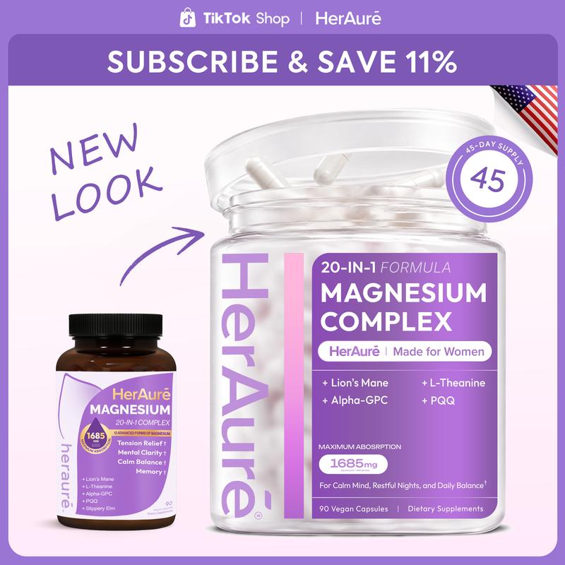 HerAuré 20-in-1 Magnesium Complex 1685mg - Brain Fog Relief, Reduce Overthinking & Calm Mind, Stress Relief & Sleep Comfort, Digestion, Muscle & Energy Support, 12 Forms of Magnesium, B6, Zinc & Slippery Elm, HealthyLiving,wellnesstips,G