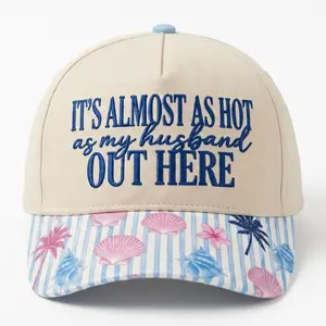 It's Almost As Hot As My Husband Out Here Embroidered Baseball Cap, Funny Wife Summer Hat, Cream Beach Brim Dad Hat, Cute Vacation Cap for Women, Shell Palm Print Brim, Coastal Cowgirl Gift for Wife, Lake Day Boat Hat, Summer Outfit