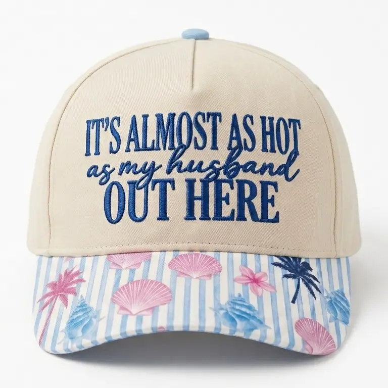 It's Almost As Hot As My Husband Out Here Embroidered Baseball Cap, Funny Wife Summer Hat, Cream Beach Brim Dad Hat, Cute Vacation Cap for Women, Shell Palm Print Brim, Coastal Cowgirl Gift for Wife, Lake Day Boat Hat, Summer Outfit