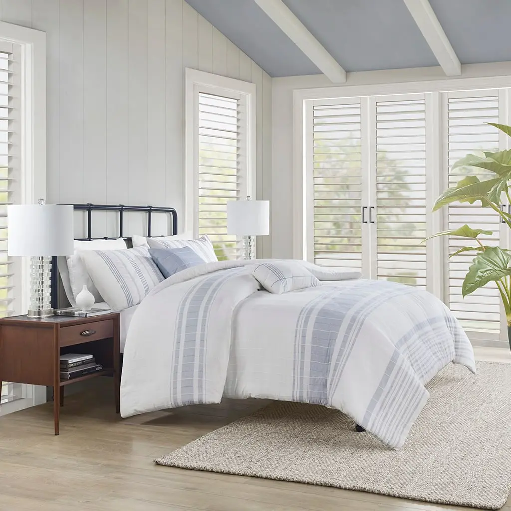 Harbor House HH12-1868 5-Piece Striped Bedding Set, Morgan Cotton Jacquard Duvet Bed Set (Full&Queen, 90x90x0.13in) - White with Horizontal Blue-Vertical Stripes, Hypoallergenic Fill, Inner Ties, Cottage Farmhouse Charm, Machine Washed, Five Pieces, Blue