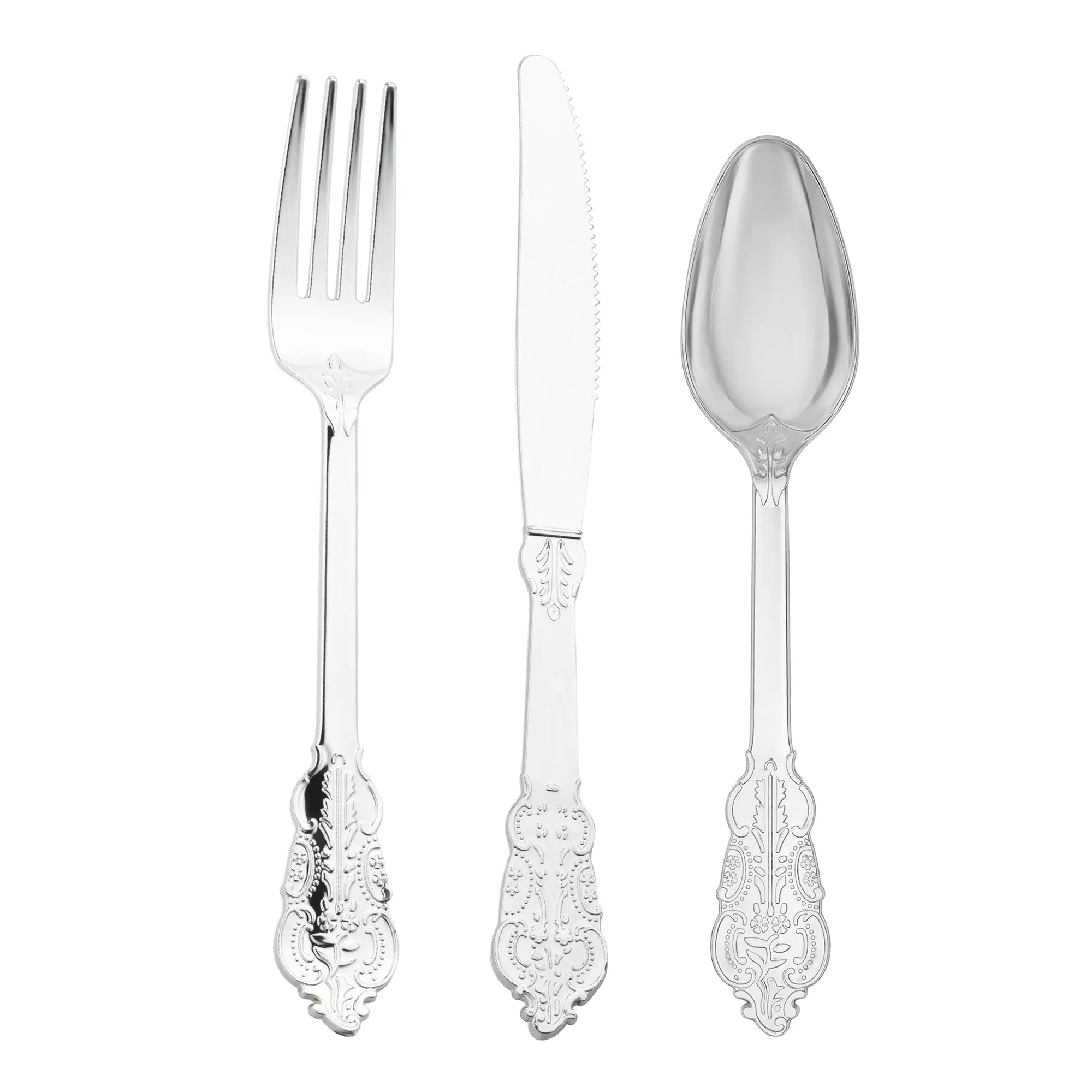 Shiny Metallic Silver Baroque Plastic Cutlery Set - 24 Spoons, 24 Forks and 24 Knives