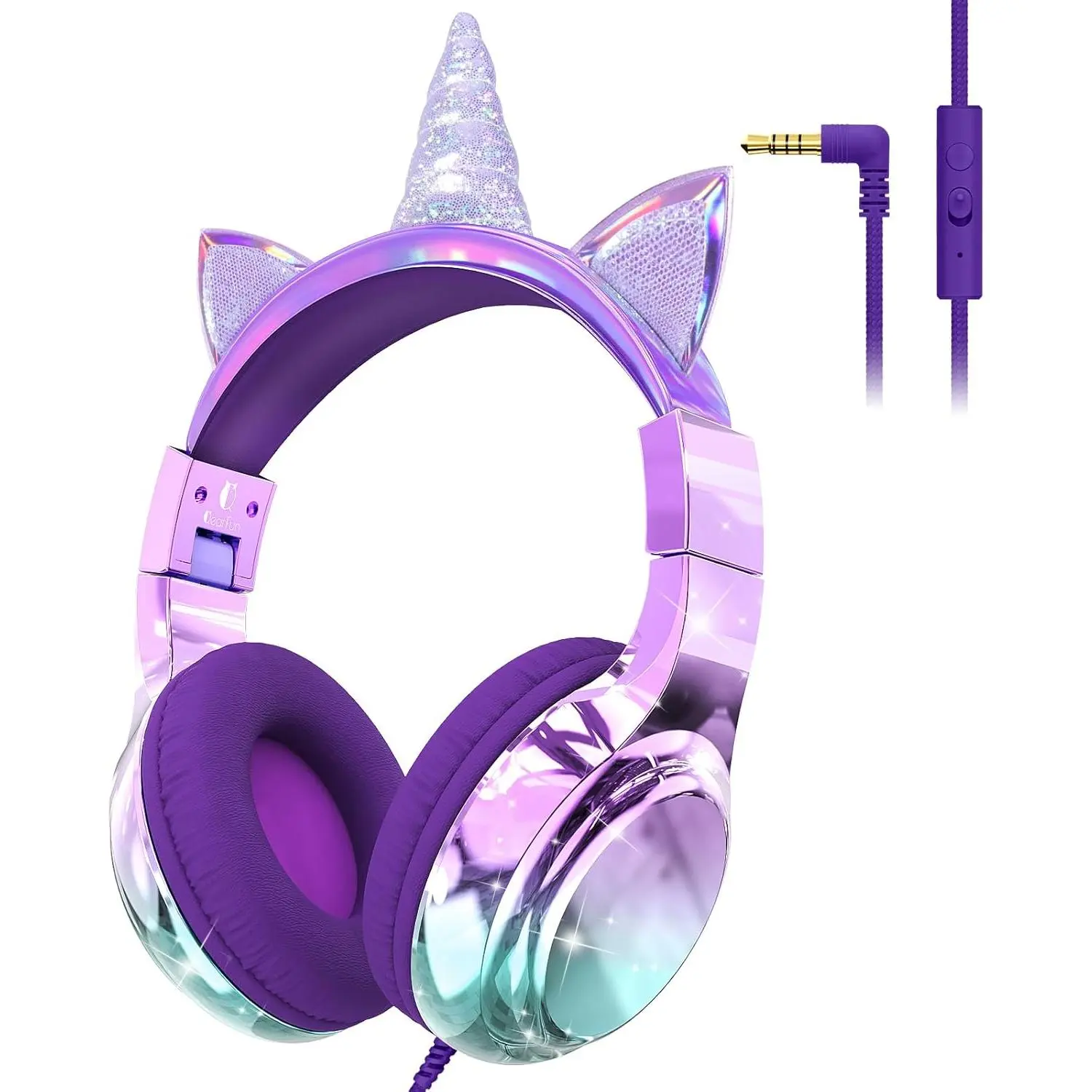 SQ-HPS008 Kids' Over-Ear Plastic Unicorn Wired Stereo Headphones - Audio Cable, Microphone, 85/94dB Safe Volume Limiter, Volume Control, 3.5mm Plug, Share Port, Foldable Sparkly Memory Foam, Portable for School, Travel (Purple)