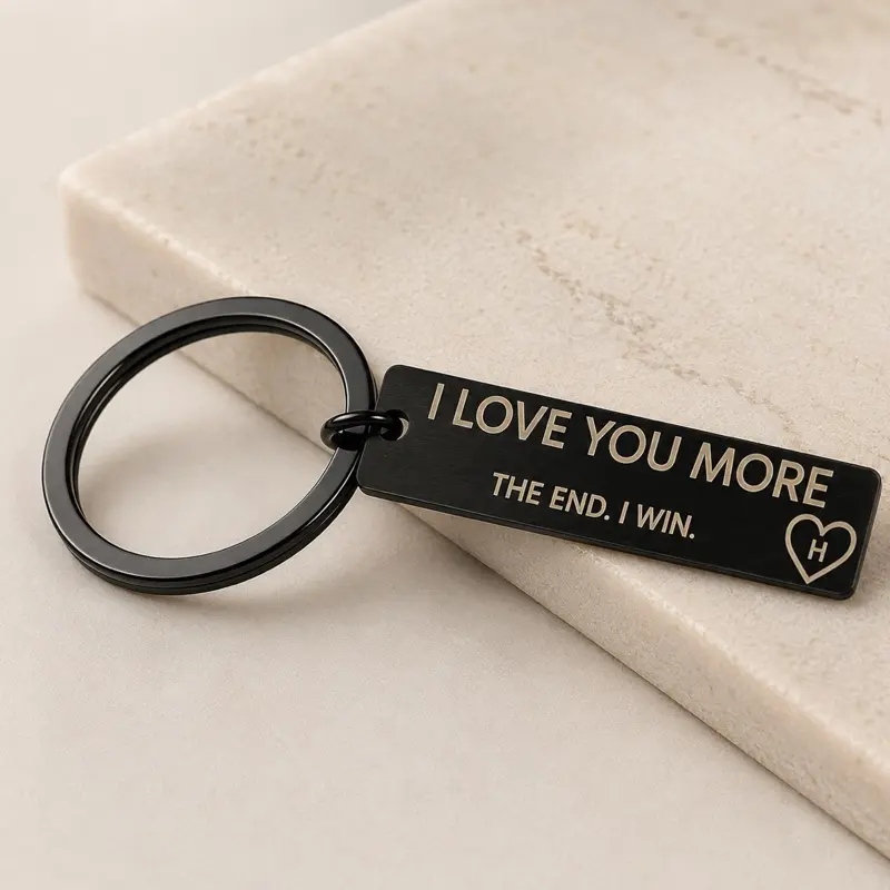 Personalized Black Stainless Steel “I Love You More” Keychain | Engraved Couple Gift