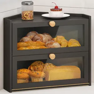 Black Corner Bread Box for Kitchen Countertop, Large Bamboo Wooden Farmhouse Bread Storage Container with Window Bread Holder