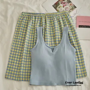 Comfy Padded Tank Shorts Set / Blue Top + Green Gingham