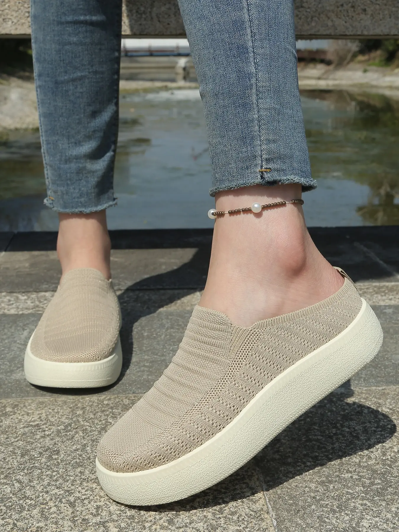Women's Knitted Mules Half Slip-On Shoes, Lightweight Breathable One-Step No Heel Lazy Slippers, Soft Sole Comfort Commute Casual