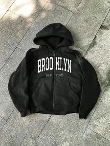 TikTok Viral Brooklyn New York Graphic Zip-Up Hoodie Soft Cotton Cozy Home Loungewear Streetwear Oversized Sweatshirt Trendy NYC Aesthetic Outfit Must-Have on TikTok Fitted Everyday