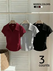 3-Pack Women's Casual Style Fitted Polo Neck Short Sleeve Tops, Comfortable Soft Fabric, Ideal for Outdoor, Shopping, Parties, Summer Fashion
