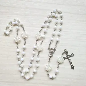 White Rose Plastic Rosary Necklace Long Jesus Cross Religious Prayer Jewelry