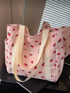 Women's Straw Print Shoulder Bag, Strawberry Tote Bag, Large Capacity Travel Outdoor Tote, Casual Multi-Pocket Top Handle Woven Handbag, Summer Commute & Outdoors
