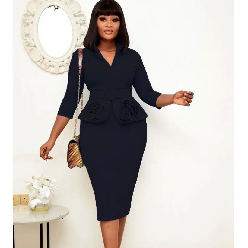 Women's Plus Size Navy Blue V-Neck 3/4-Sleeve Belted Bodycon Mid-Length Peplum Dress with Rose Belt - Elegant Formal Workwear, Party Skirt Alternative, Casual, Occasion, Plain, Basic, Elegance