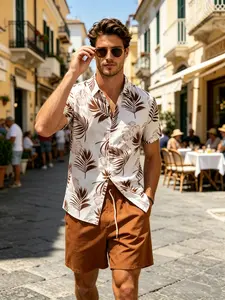 Men's Stylish Brown Short-Sleeve Shirt Set, Handsome High-Quality Top and Shorts, Tasteful Festival Gift Matching Menswear Outfit Casual Clothes Formal Tropical Shortsleeve