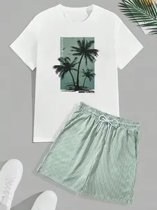 American Vacation Style Palm Tree Print Short Sleeve Set, Vintage Palm Silhouette Print, Striped Shorts, Summer Streetwear