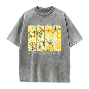 Women'S Summer Clothing Watercolor Lemon Element Easy Peasy Lemon Squeezy Print Round Neck Short Sleeve T-Shirt Comfortable Soft Fashionable Elegant Party Retro Casual Versatile Spring, Summer