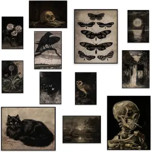 P-OMT015    Gothic Victorian Grunge Wall Art Prints - Set of 12 Unframed | Dark Moody Aesthetic Pictures, Creepy Goth Posters, Vintage Gothic Paintings for Home, Bedroom, Dorm Decor Decorations Gift Halloween
