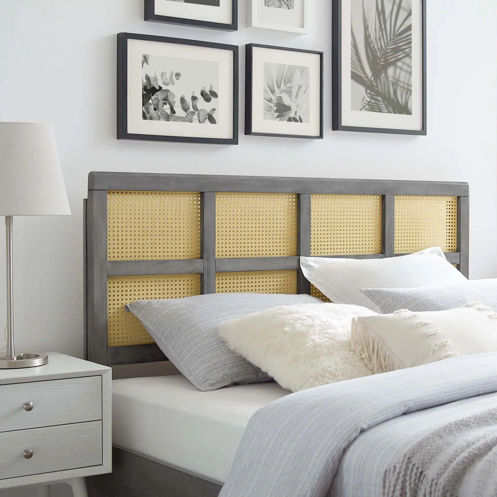 Modway Luana Cane Full Headboard - Gray Mid Century Modern Headboard for Bed Frames, Modern Bedroom Bedroom Decor Ideas Indoor Furniture