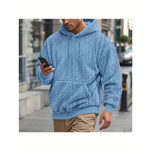 Bmuvlss Men'S Teddy Fleece Hoodie 2025 - 3D Jacquard Thickened Retro American Style Oversized Sweatshirt, Heavyweight Fleece Pullover with Full-Zip Closure & Hood, Long Length for Gym, Sports, Casual Wear - Spring/Fall Warmth, Loose Fit (No Belt/Hardware)