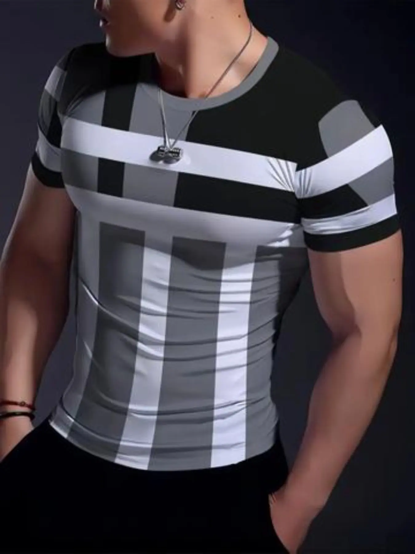 Men's Striped Patchwork Geometric Print High Elasticity Fitted Short Sleeve Round Neck T-Shirt, Activewear Tees, Athletic Shirt, Athletic Tops, Athletic Fashion Activewear, Sporty Fashion All Seasons