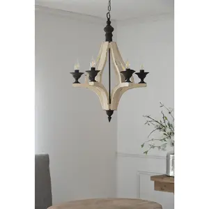 6-Light Wood Chandelier Hanging Light Fixture with Adjustable Chain for Kitchen Dining Room Foyer Entryway, Rustic Farmhouse Ceiling Lamp, Bulb Not Included, Multiple Size Options, Living Room Table for Sofa Side, Bedroom, Office