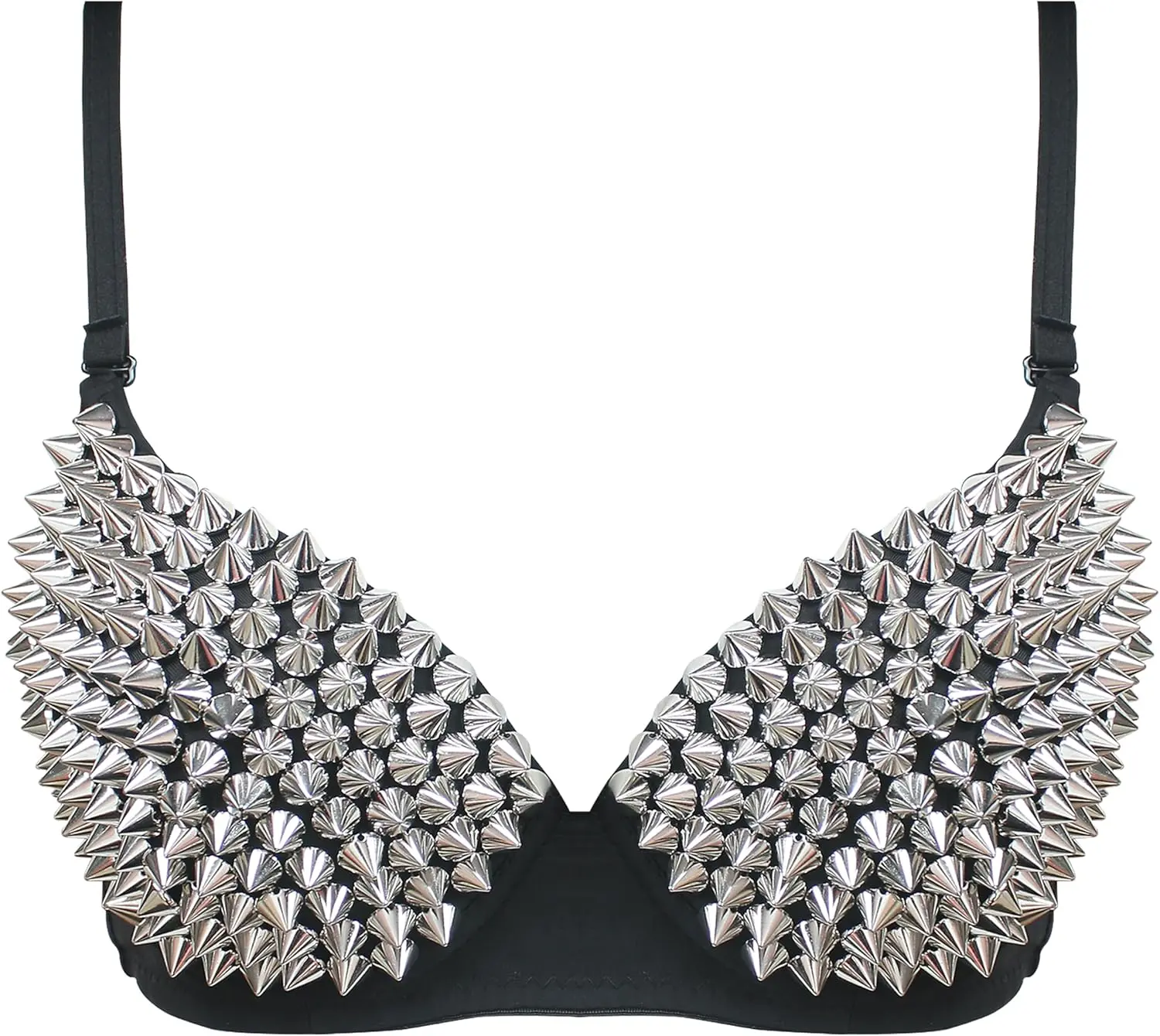 (Size: M, B Cup Only), Studded Bra, Spike Bra, Spiky Steampunk Metallic Studded Rivets Top, Black Bedazzled Rhinestone Strappy Sexy Bras for Women, Dancing Performance, Sport Party, Club, Rave